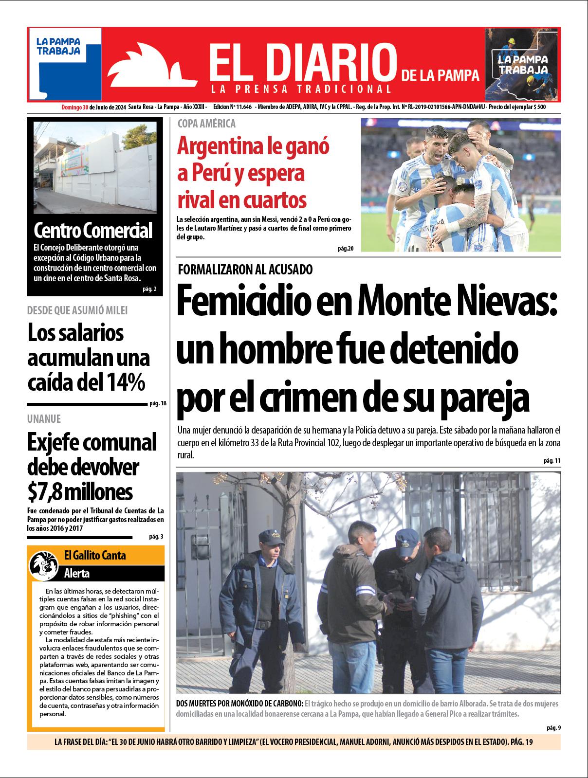 Tapa de El Diario en papel  domingo 30 de junio de 2024